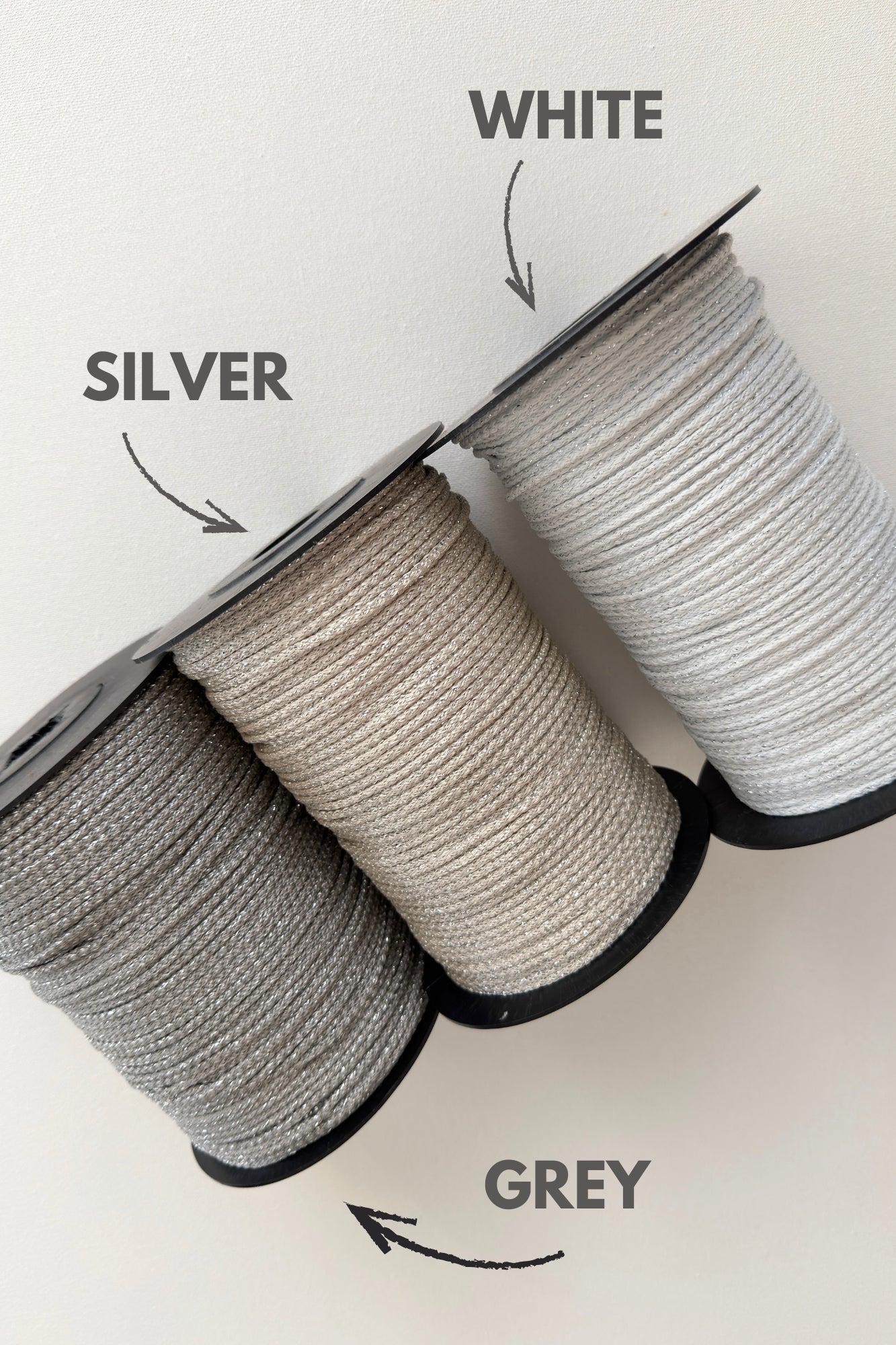 3mm white polyester macrame cord with silver shimmer 3 colors