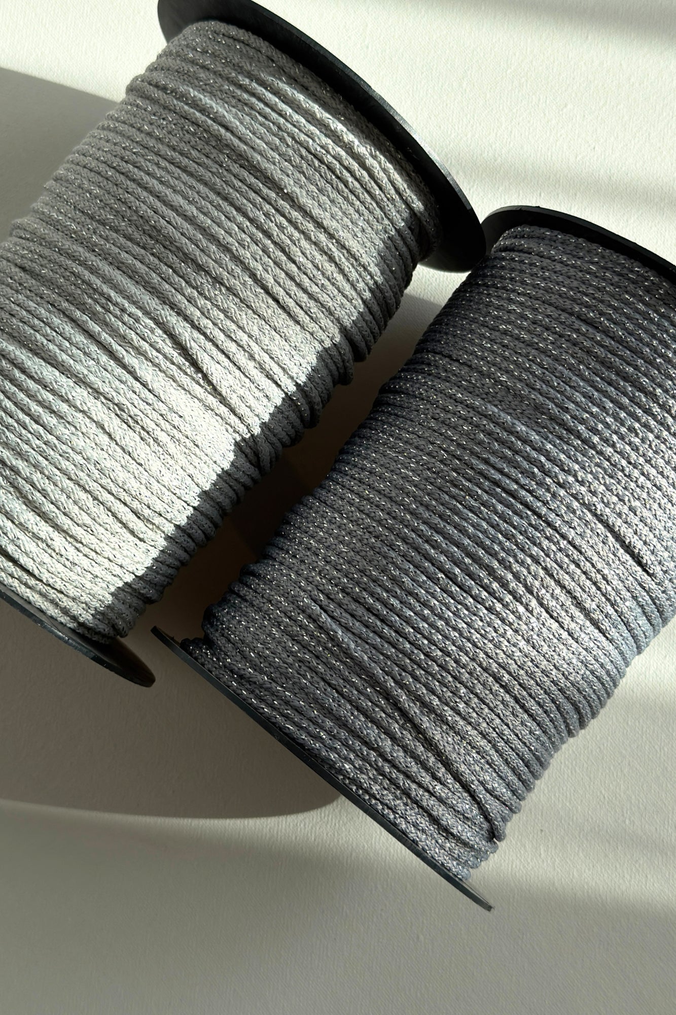 Close-up of 3mm grey macrame cord showing silver shimmer detail