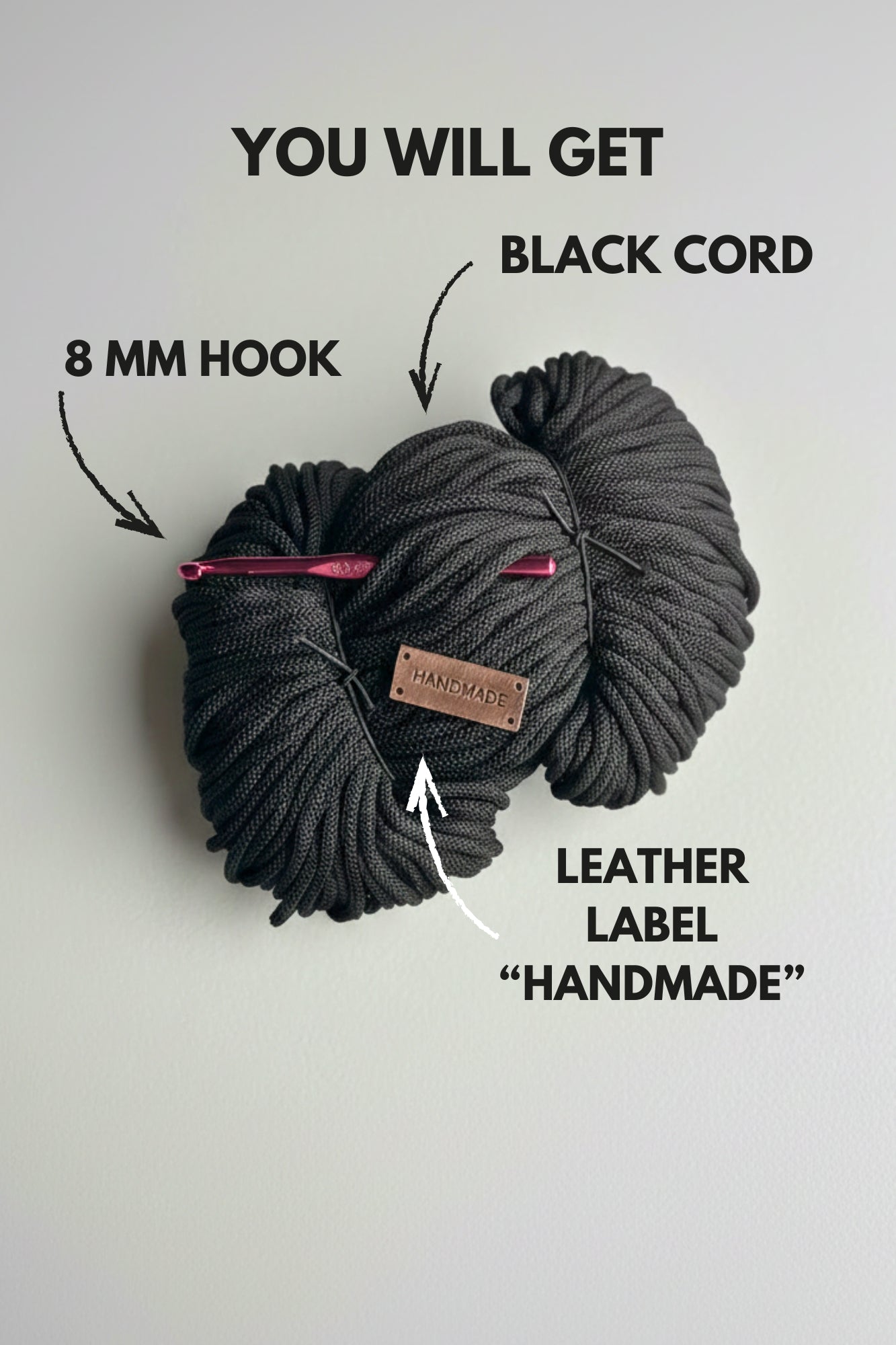 Complete black crochet bag kit for beginners contents