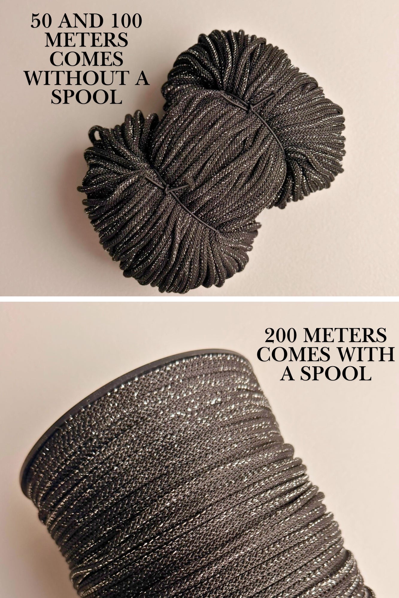 Black macrame cord 6mm with silver lurex yarn