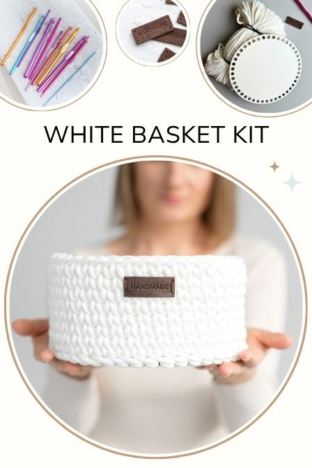 Crochet kit - White crochet basket with wooden base