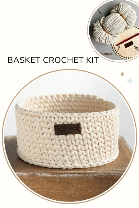 Ivory White Crochet Basket with Wooden Base Kit - Easy for Beginner