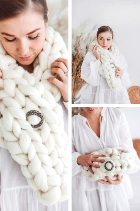 Chunky wool yarn and metal button included in arm knitting kit