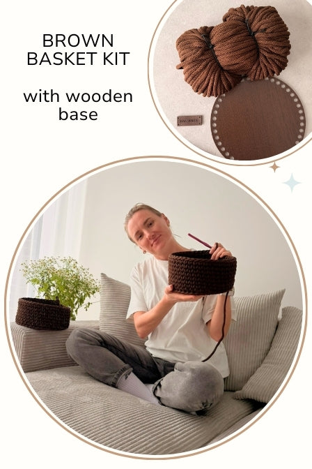 Crochet basket kit for beginners brown finished result