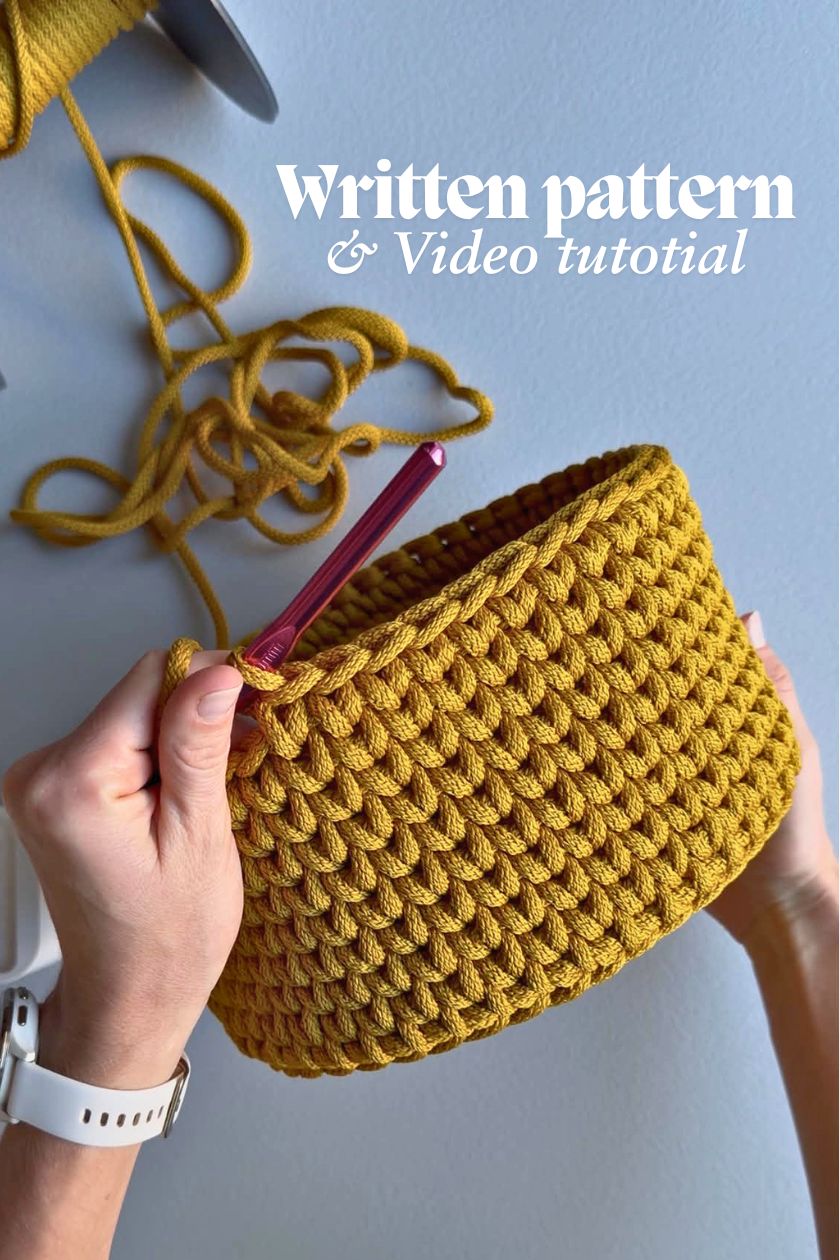 Crocheting basket with macrame cord in mustard color