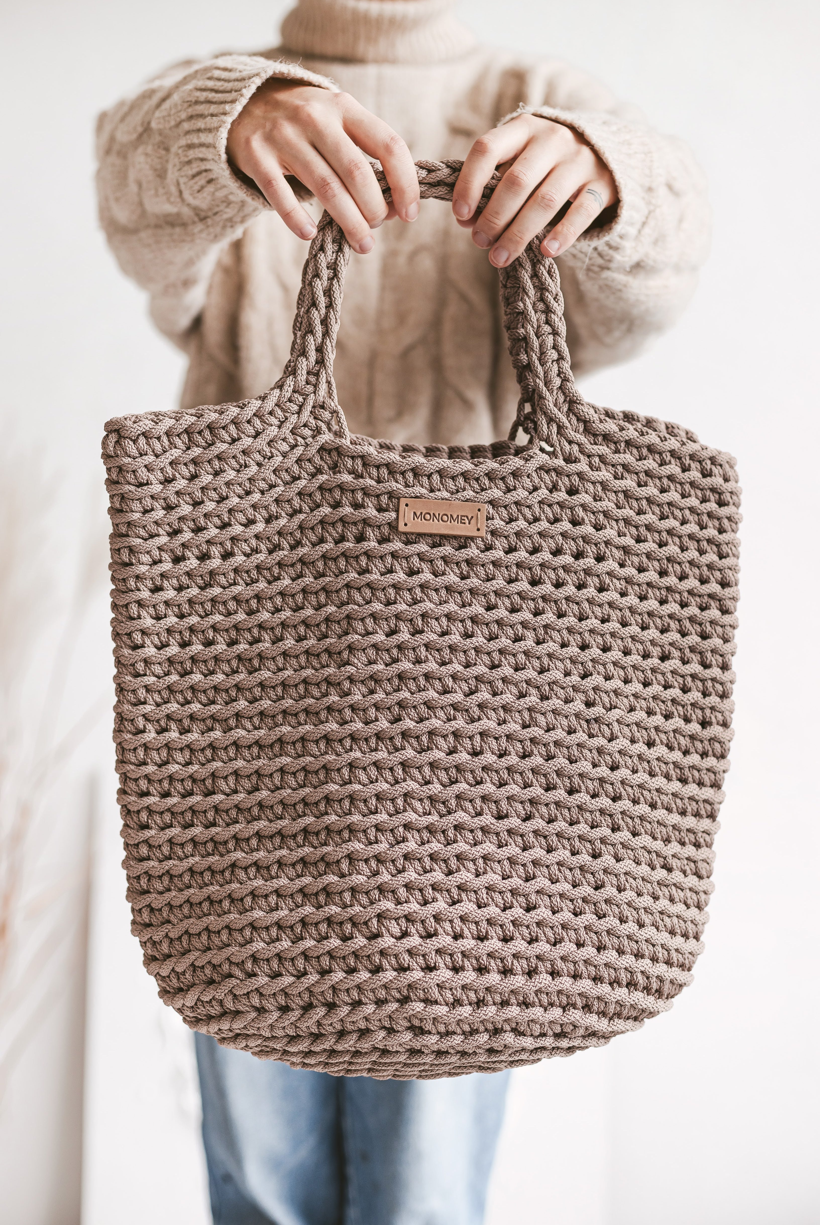 Brown crochet tote bag