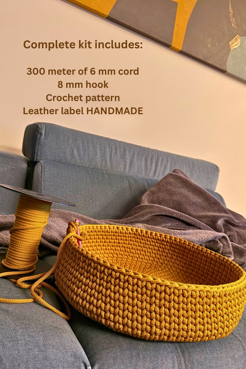 Mustard Crochet Basket Kit includes: macrame cord, crochet hook, crochet pattern and label with word HANDMADE