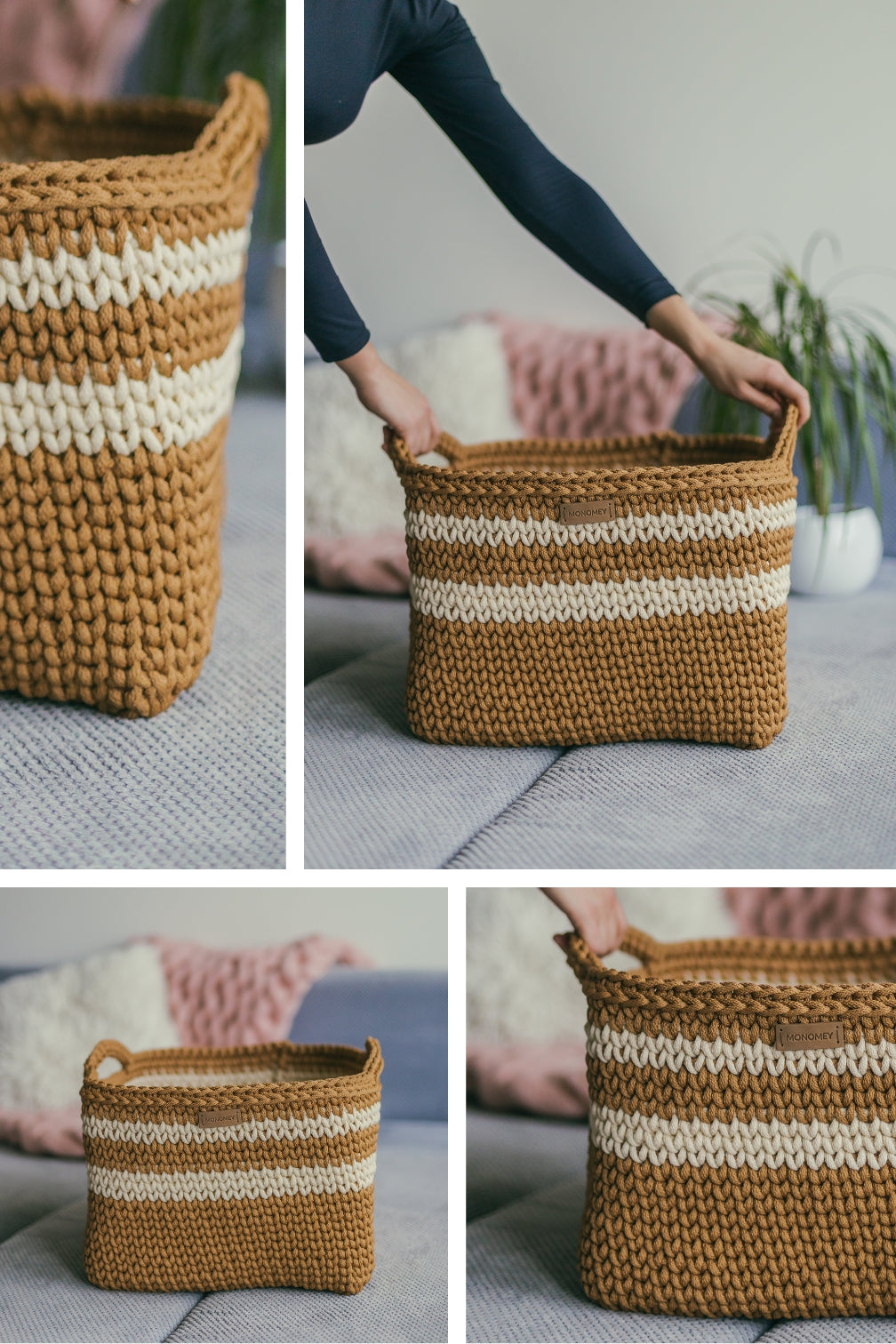 Crochet square basket holding in hands with details