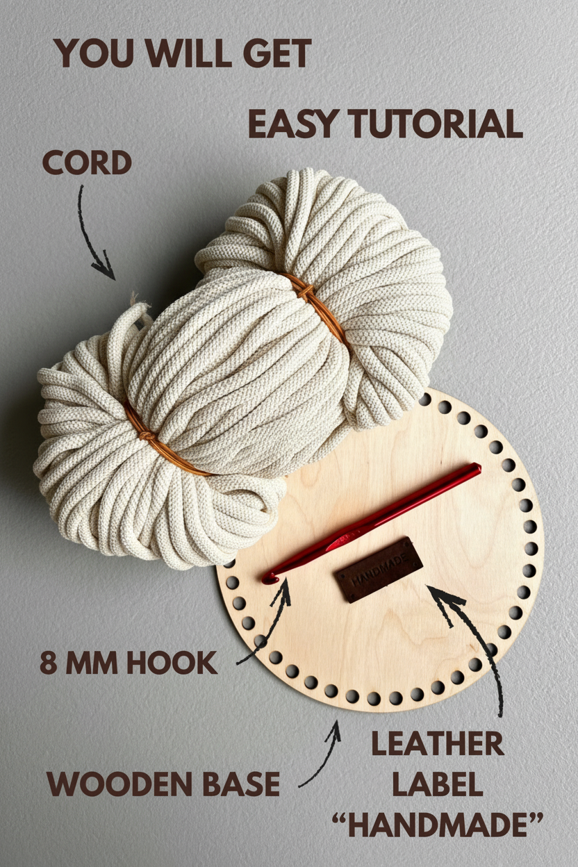 Ivory White Cord Kit what is included: macrame cord for crocheting, crochet hook, wooden base, leather label and crochet pattern with crochet tutorial