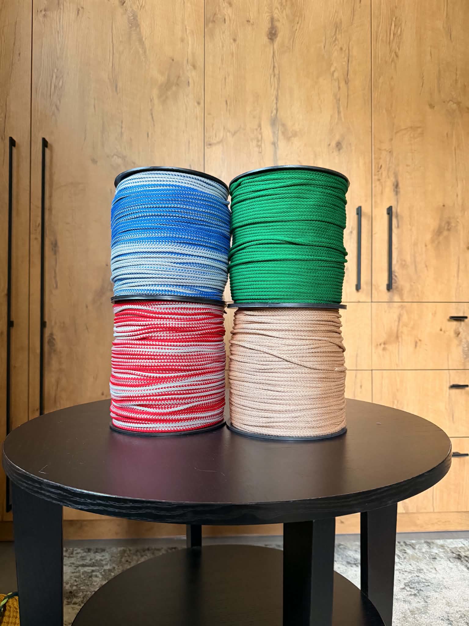 6 mm macrame cord (green, brown, mix of blue with grey and red with grey)