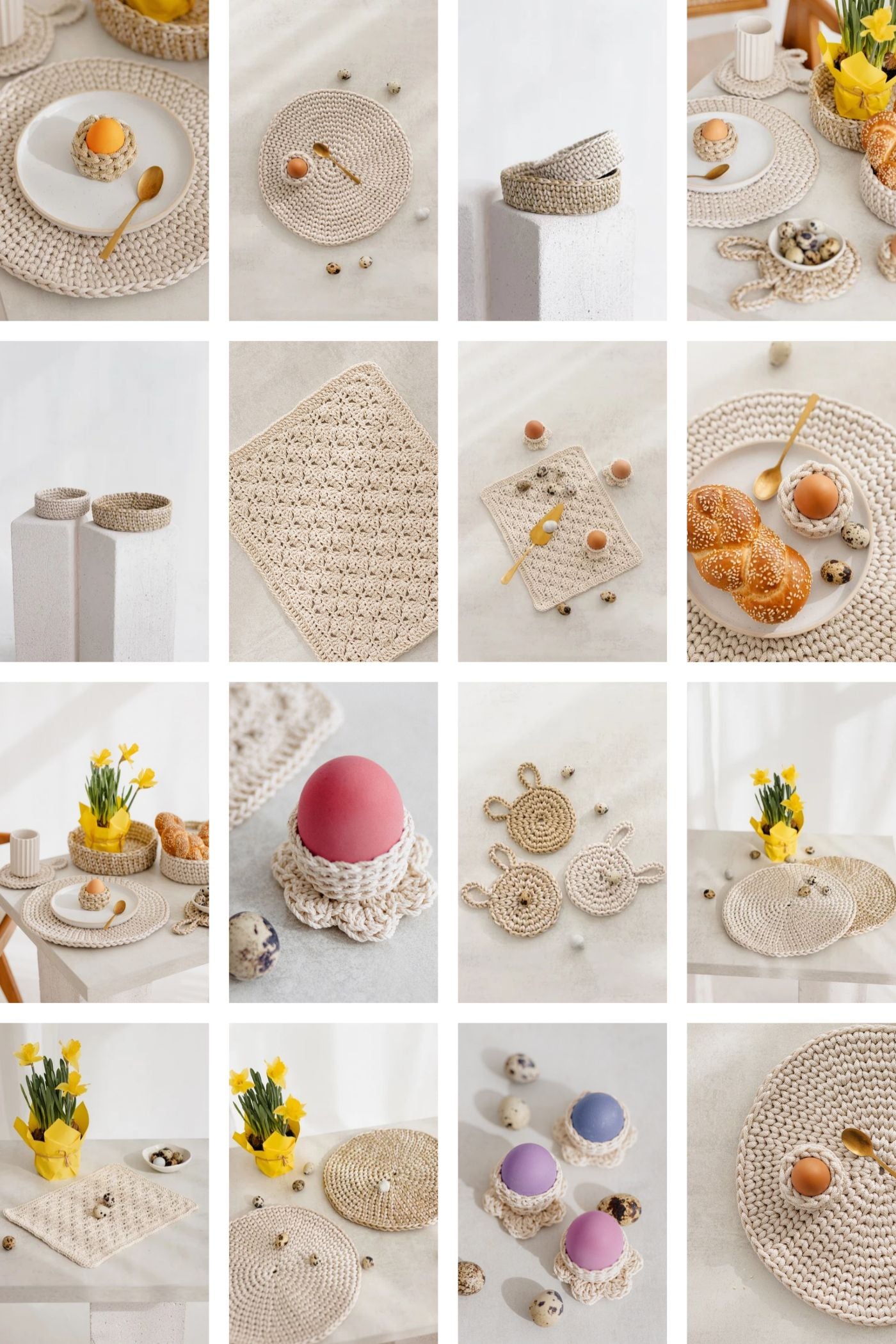 Many crochet table decor ideas: crochet placemats, egg holders, bread baskets.