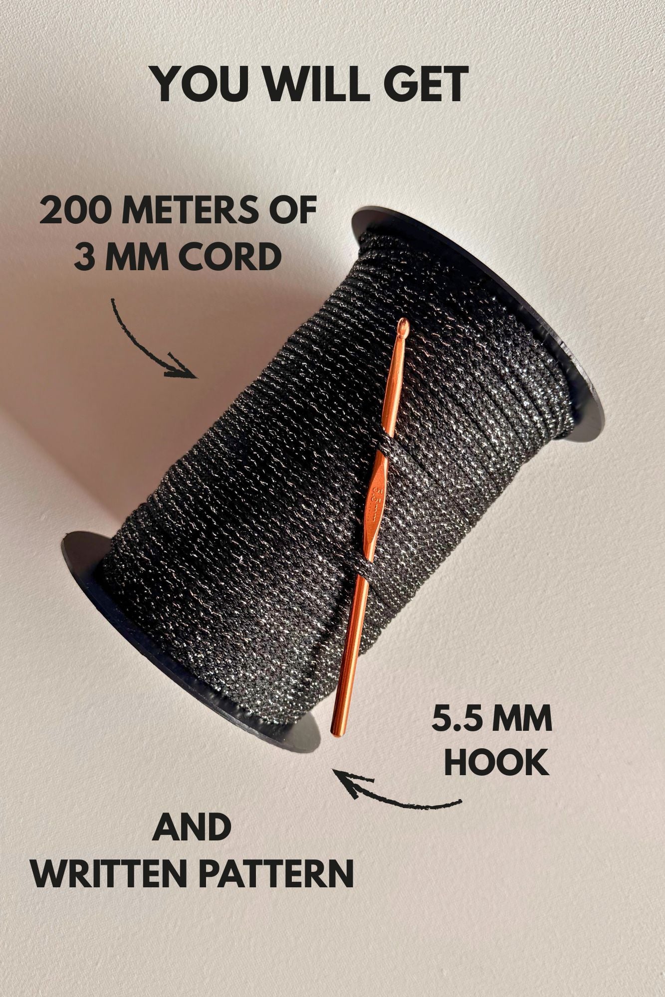 Beginners crochet kit with materials you will get: cord, hook and crochet pattern