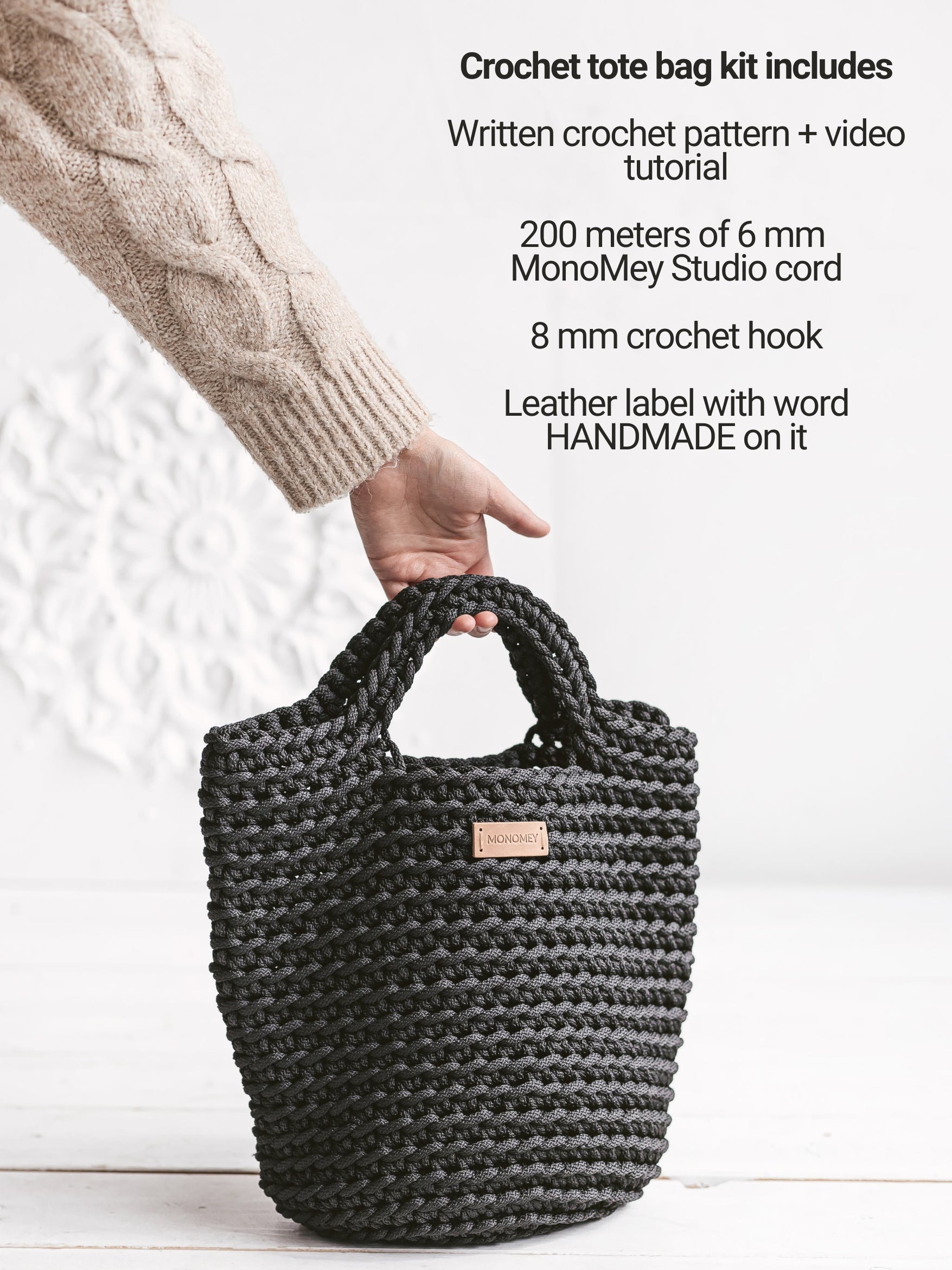 Complete black crochet bag kit for beginners contents
