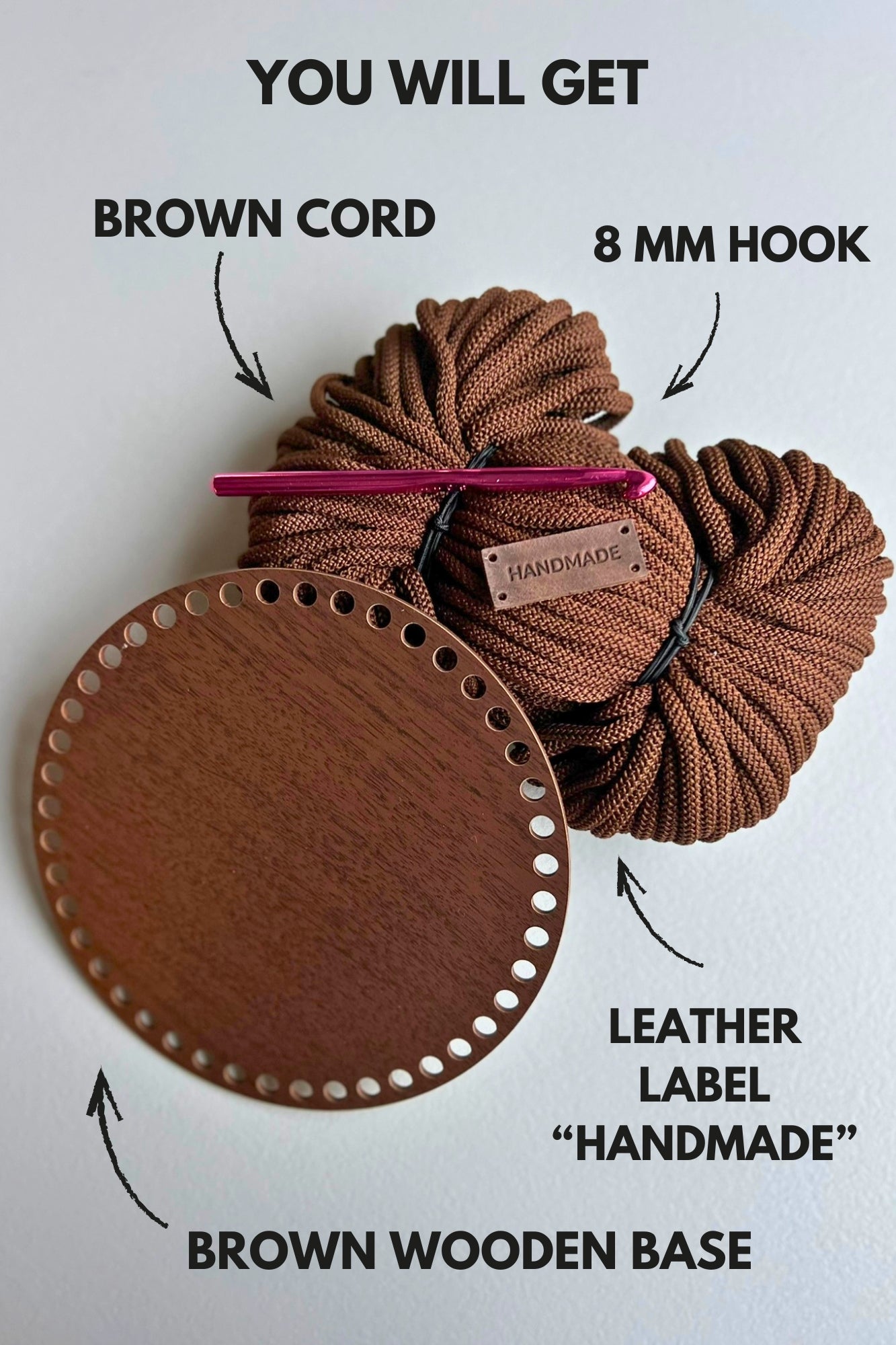 Brown Crochet Basket Kit with Wooden Base - what is included