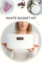 Crochet kit - White crochet basket with wooden base