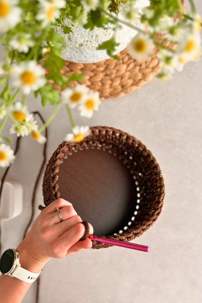 Brown crochet basket kit cord detail for beginners