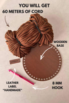 Complete beginner crochet basket kit contents brown cord wooden base
