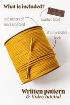 Crochet basket kit, what is included: macrame cord, crochet hook, crochet pattern, video tutorial, leather label wiht word HANDMADE on it,