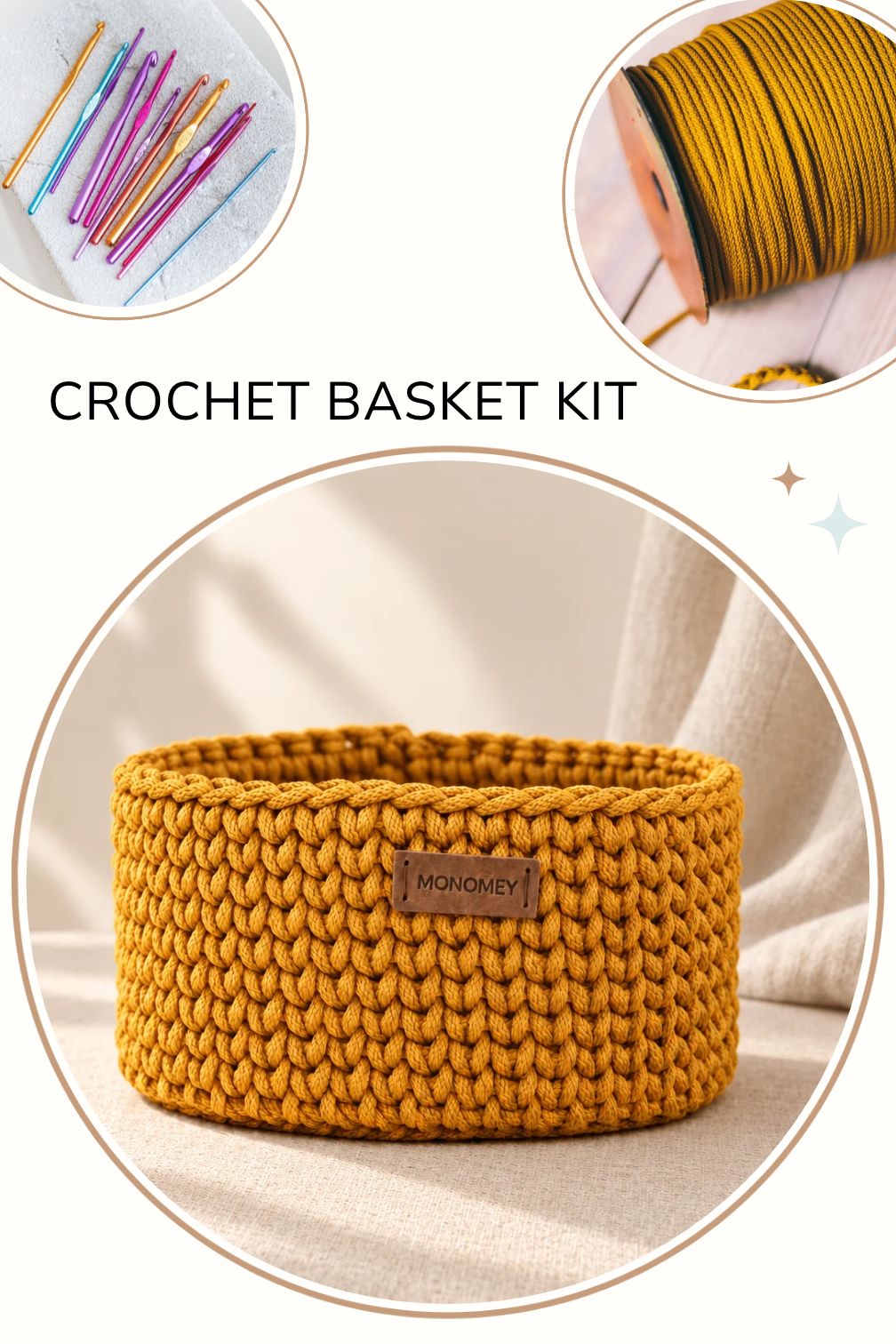Crochet basket kit: finishes basket in mustard color