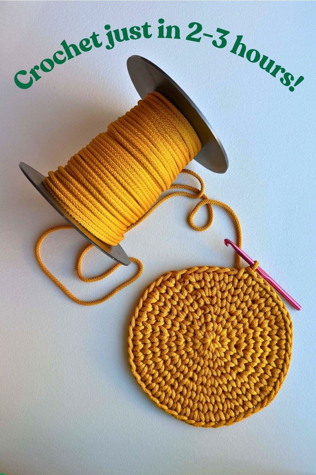 Crocheting the basket with mustard macrame cord