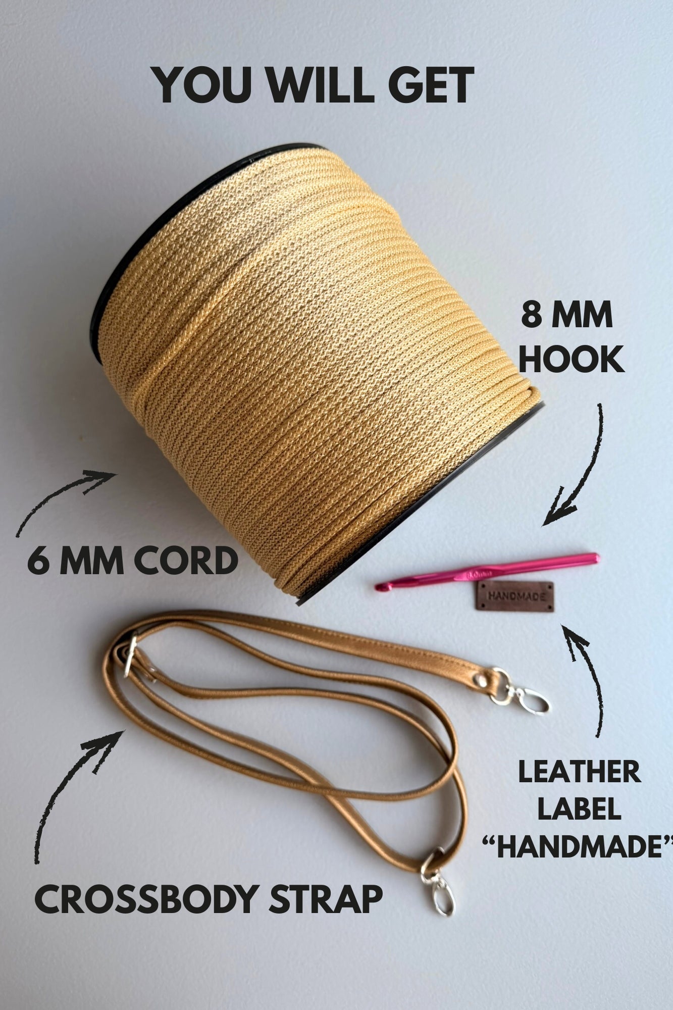 Everything included in Golden Ally beginner crochet bag kit