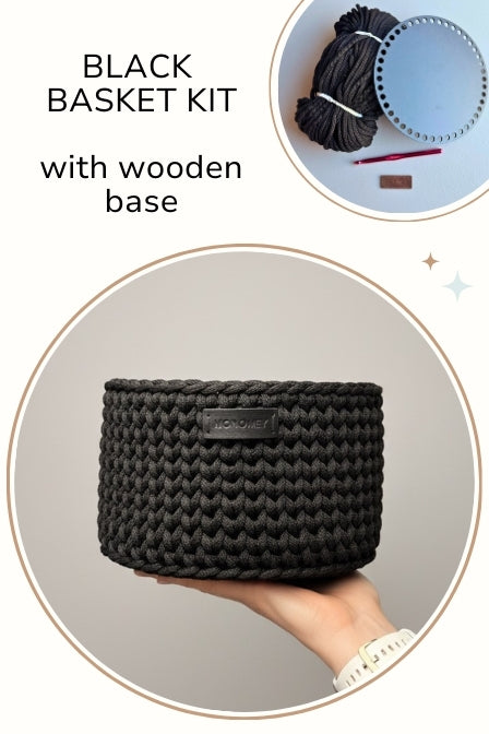 Crochet Basket with Wooden Base DIY Kit - Black basket