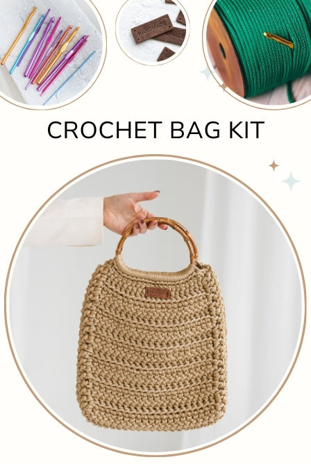 Crochet DIY kit Golden Bag with bamboo handles