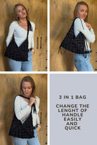Crochet T-Shirt Yarn Bag Pattern - with woman holding the black bag