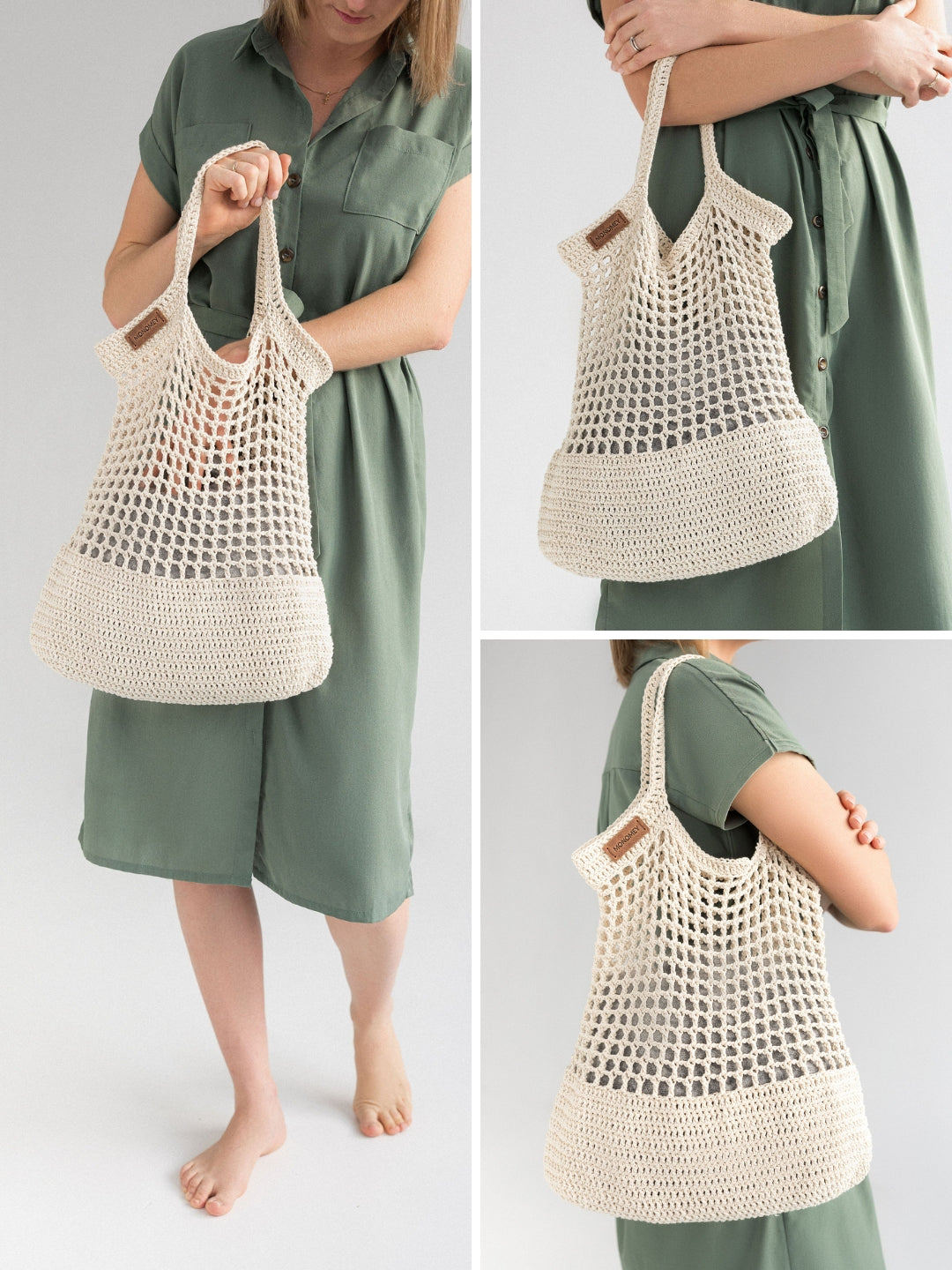 Crochet mesh bag in style with woman in green dress
