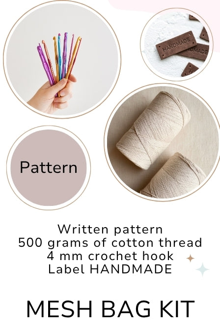 Learn to crochet kit for beginners what is included: cotton thread, crochet hook, crochet pattern and label with word HANDMADE on it.