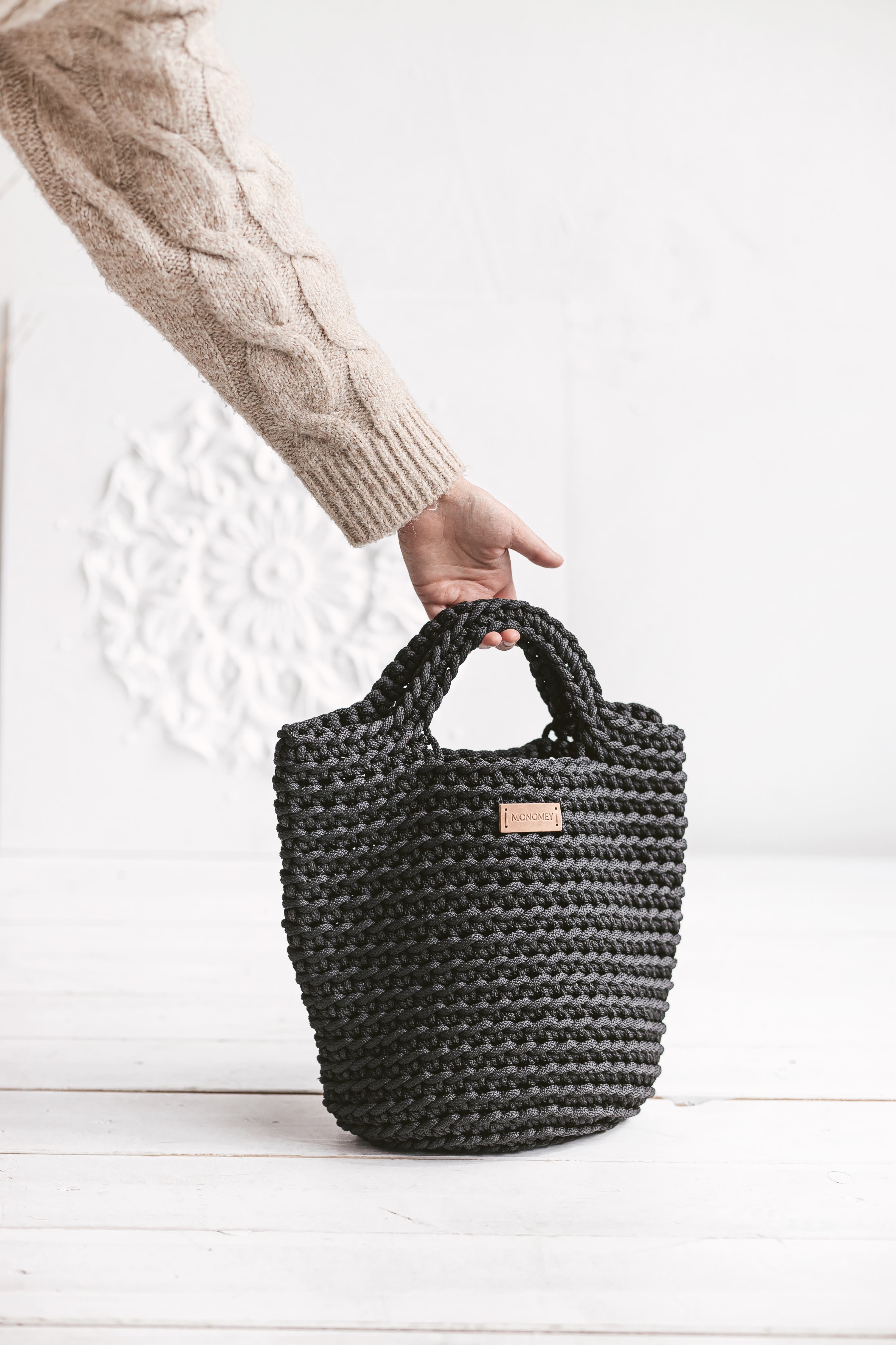 Black crochet bag pattern lifestyle everyday use