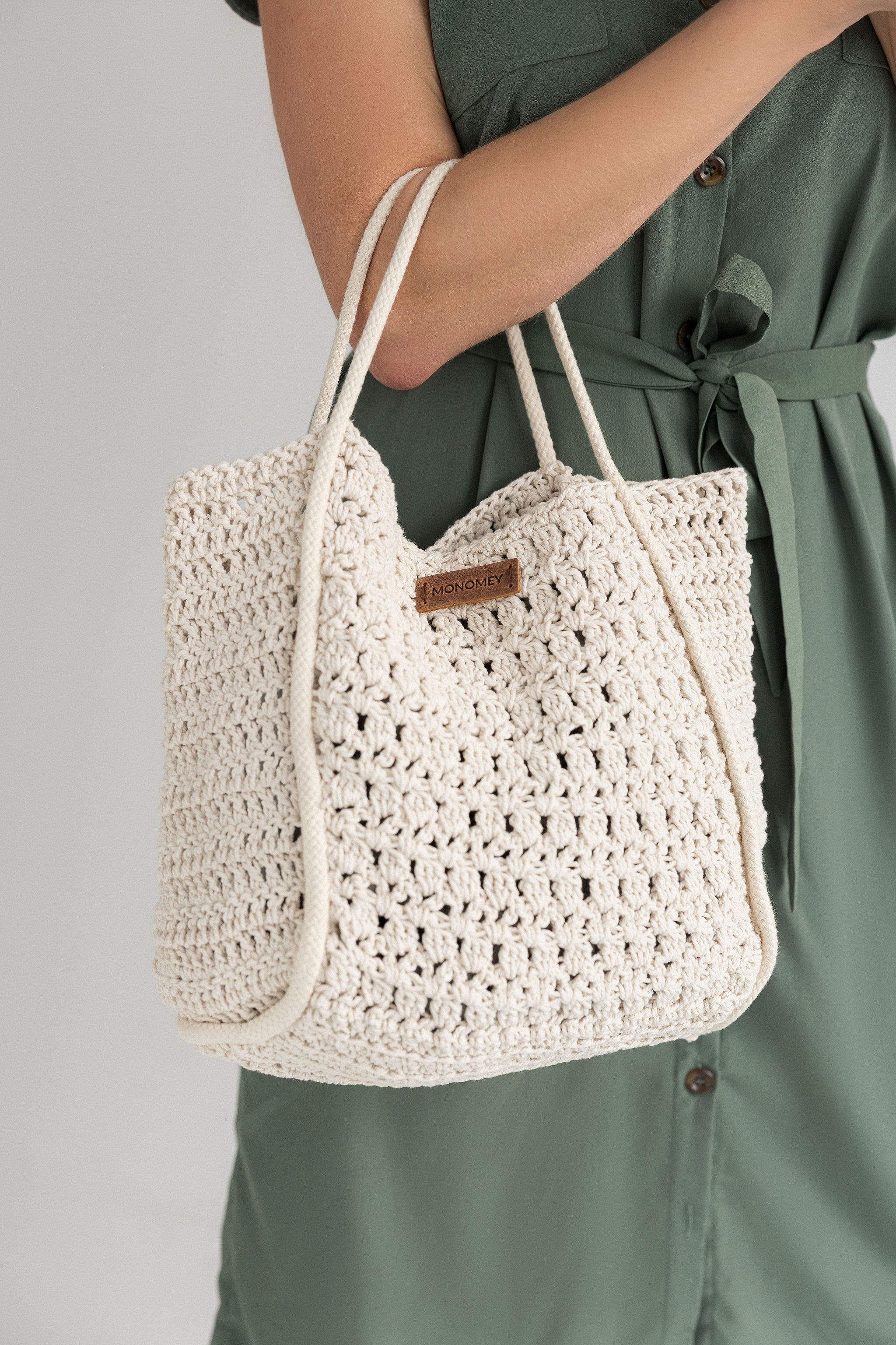 Ivory white crochet summer bag handmade from natural cotton