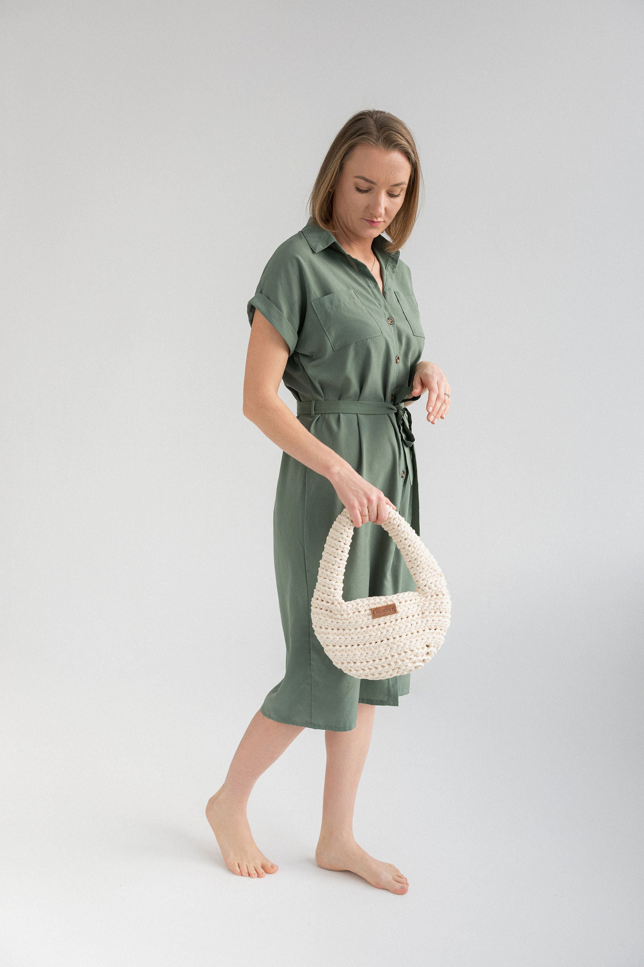 Handmade ivory crochet halfmoon bag in style and move