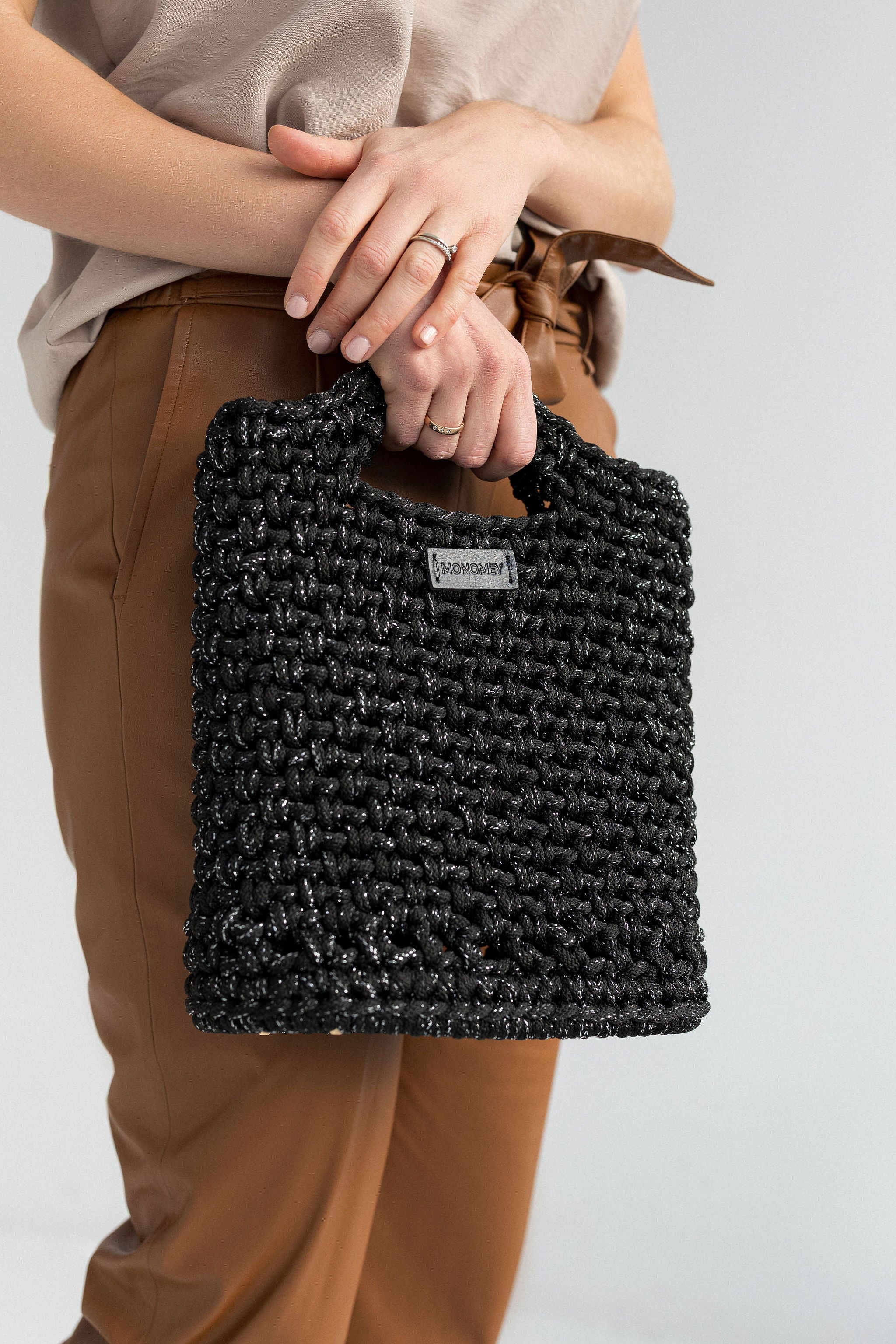 Black crochet bag with silver lurex yarn