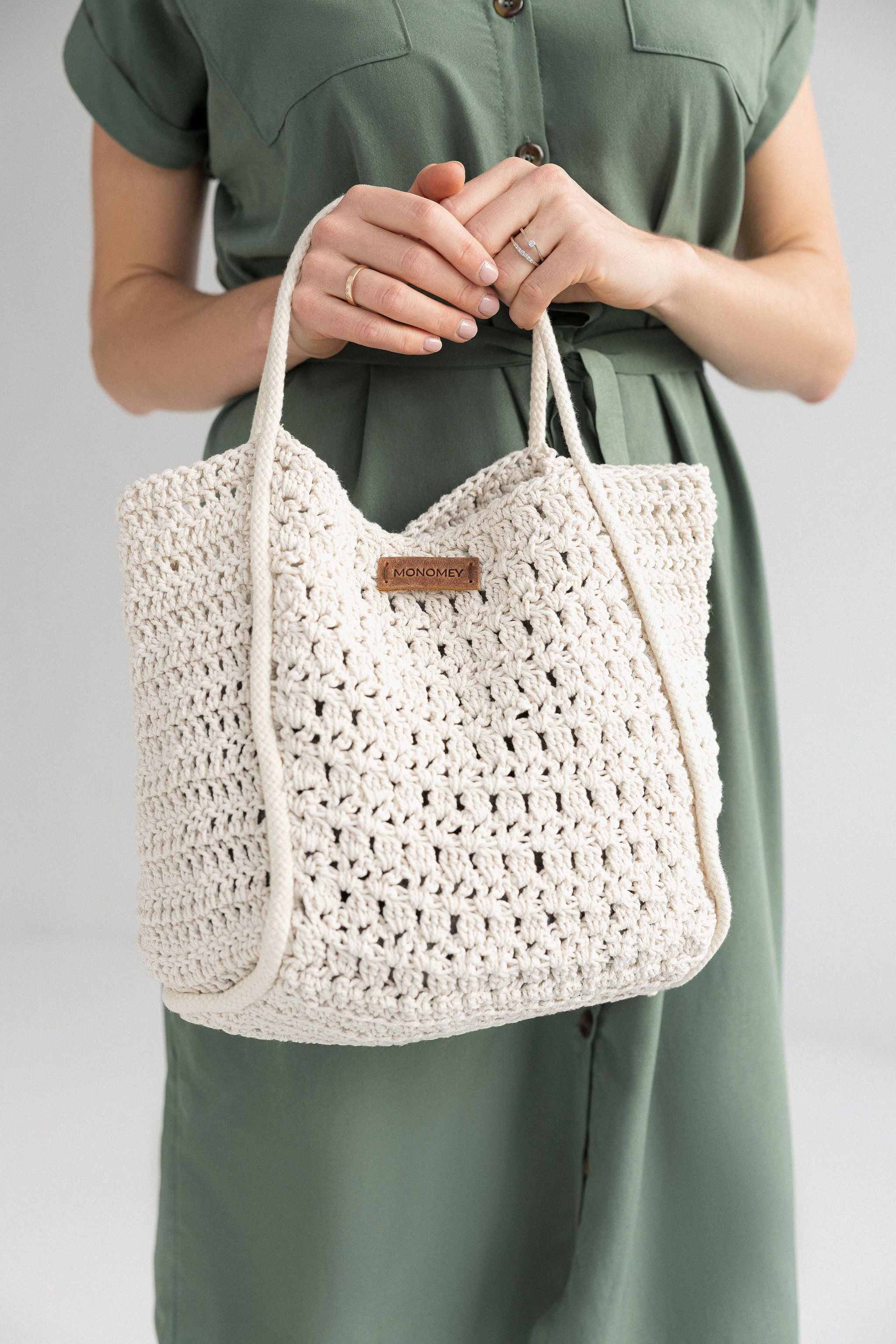 Ivory white crochet summer bag handmade from natural cotton