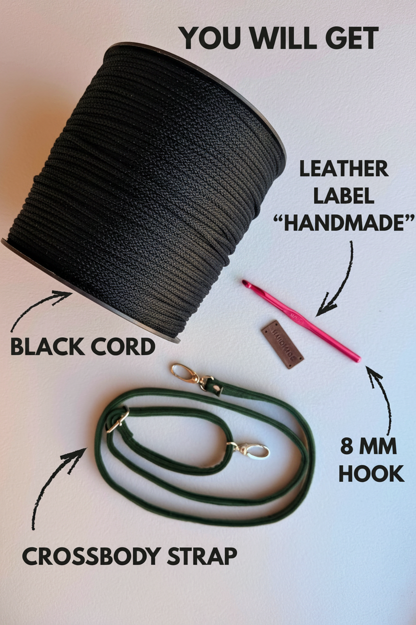 Black Cord & Strap Version - complete set of Black Crochet DIY Kit "Ally Bag"