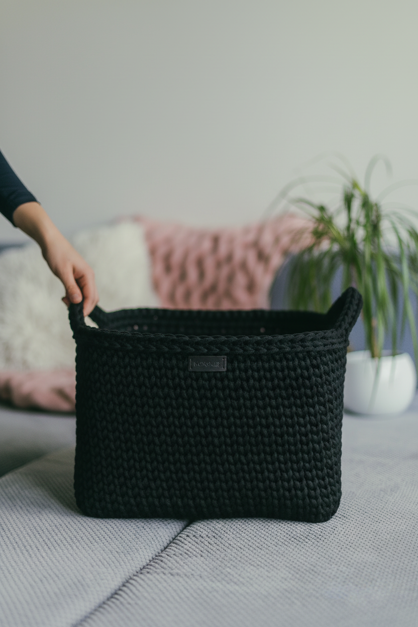 Black square crochet basket at home