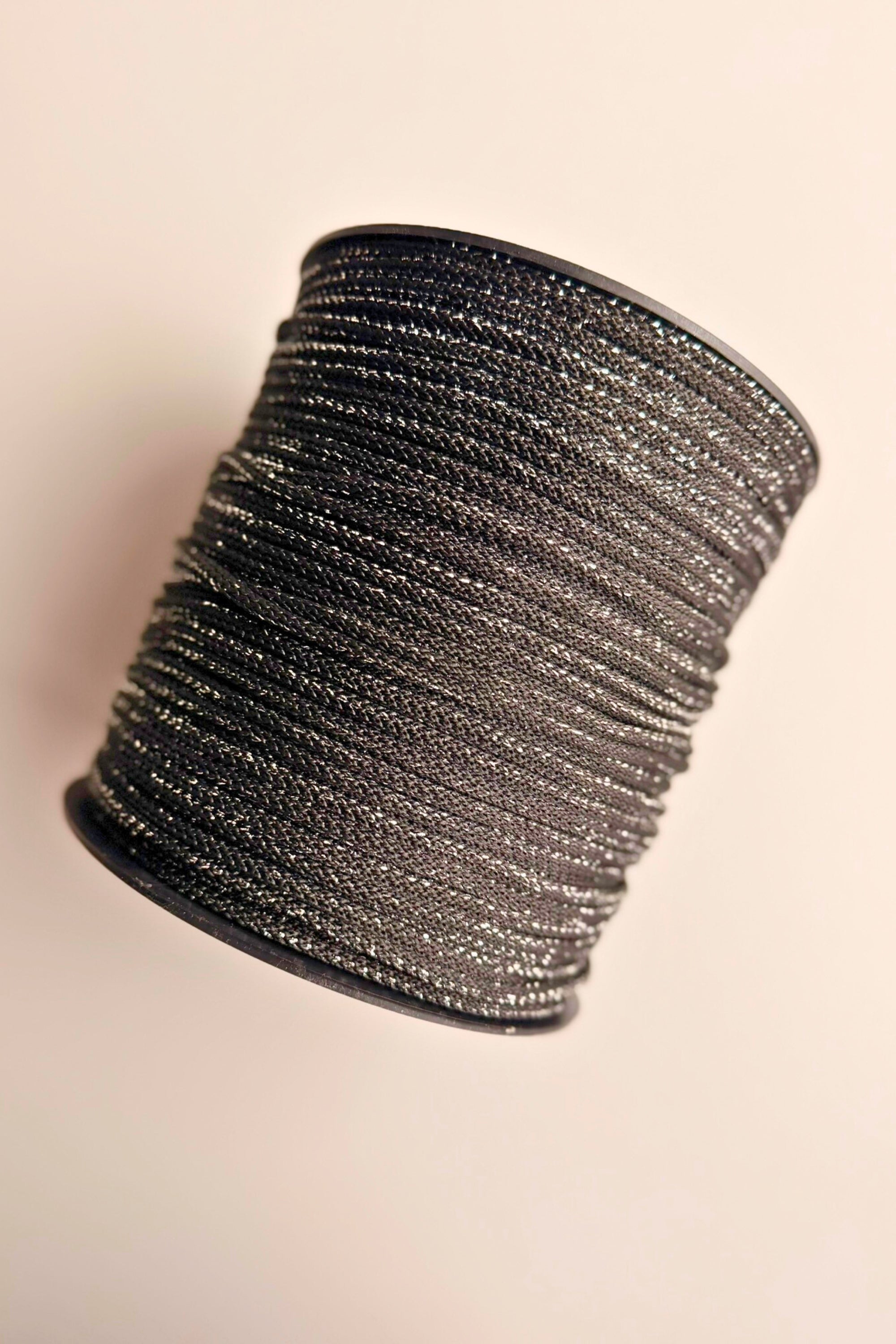 Black macrame cord 6mm with silver lurex yarn