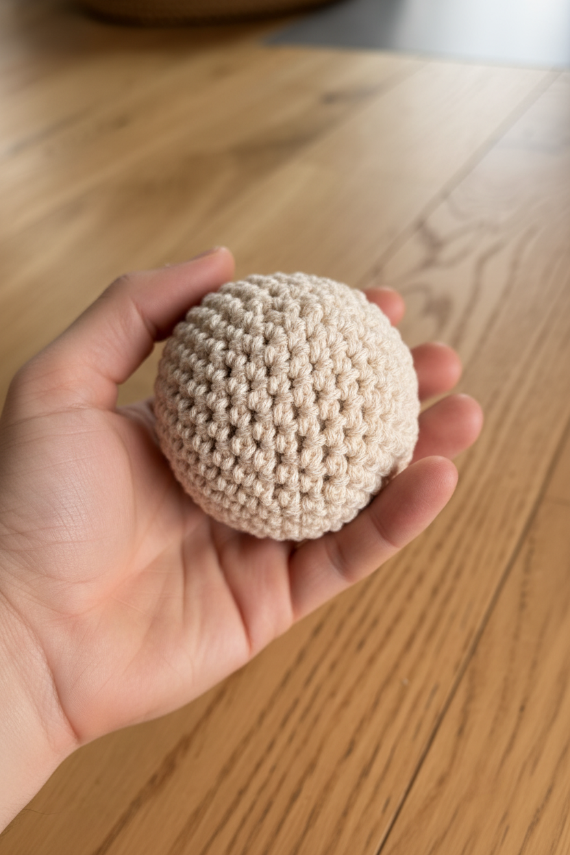 Crocheted hacky sack held in one hand