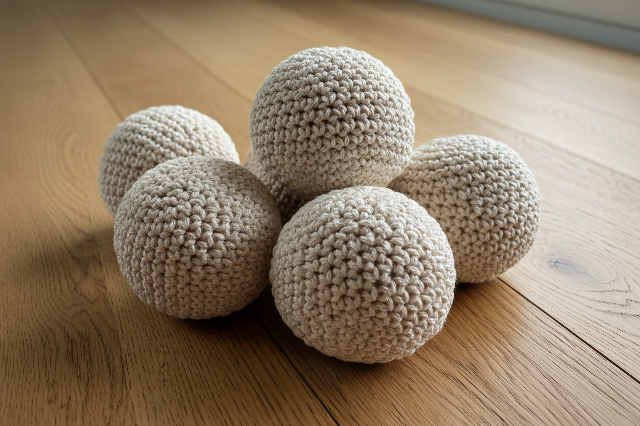 Five crocheted hacky sack balls