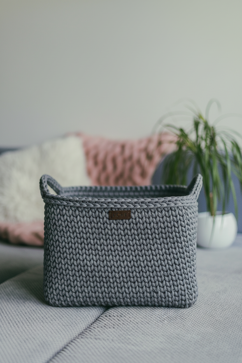 Grey square crochet basket in home interior