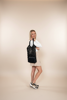 Black crochet tote bag pattern different angles