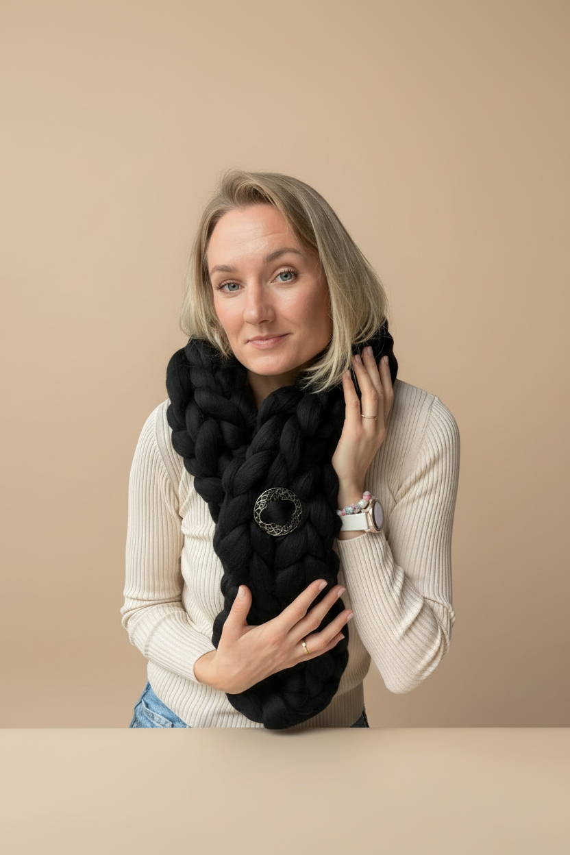 Arm Knitting Scarf Kit for Beginners -Black wool